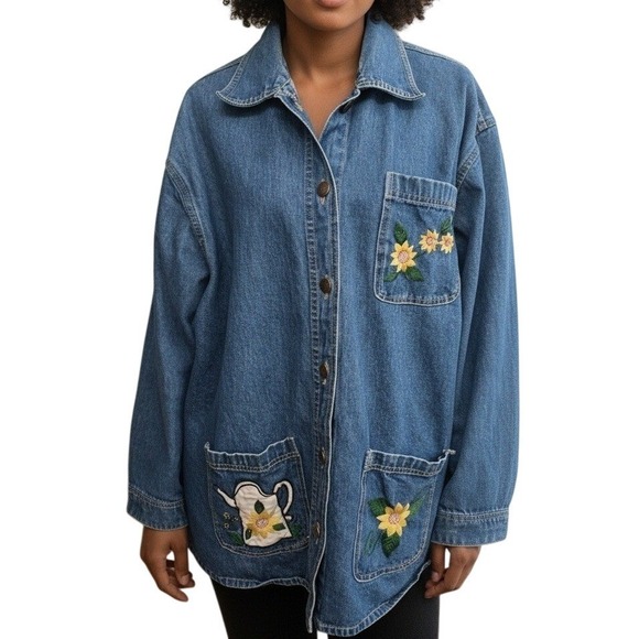 Michelle Louise Embroidered Denim Jacket L Cottagecore Boho Vintage Whimsical - Picture 2 of 7